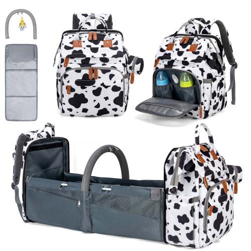 Baby Diaper Bag Backpack with Changing Station & USB Charging Port, Multifunctional Newborn Baby Bag Backpack, Cow