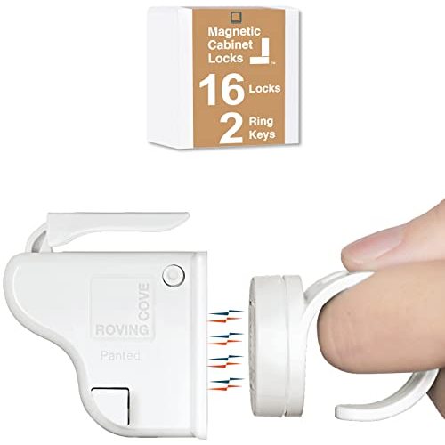 RovingCove Ergonomic Magnetic Cabinet Baby Locks 16-pk, Child Proof Drawer Cupboard Latches, Adhesive, Easy Install with Starter Tape System, 16 Locks 2 Ring Keys