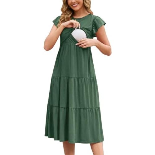 GINKANA Women Nursing Dress Flutter Sleeve Midi Dress Crew Neck Nursing Friendly Dresses Loose Flowy Maternity Beach Dress