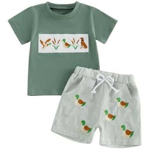 Toddler Baby Boy Hunting Outfit Summer Short Sleeve Mallard Duck T-shirt Checkered Plaid Shorts Two Piece Clothes