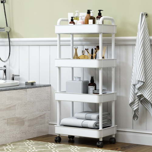 White 4-Tier Rolling Storage Cart with Wheels | Plastic Kitchen Organizer, Bathroom Toiletries & Living Room Snack Shelf | 107x41x21 cm for Books, Toys, Home Organization
