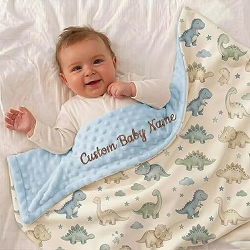 Custom Baby Blanket Personalized Name - Embroidered Boy Blanket for Newborn, Minky Dot Security Stroller Quilt, Essential Personalized Baby Gifts for Boys (Blue)