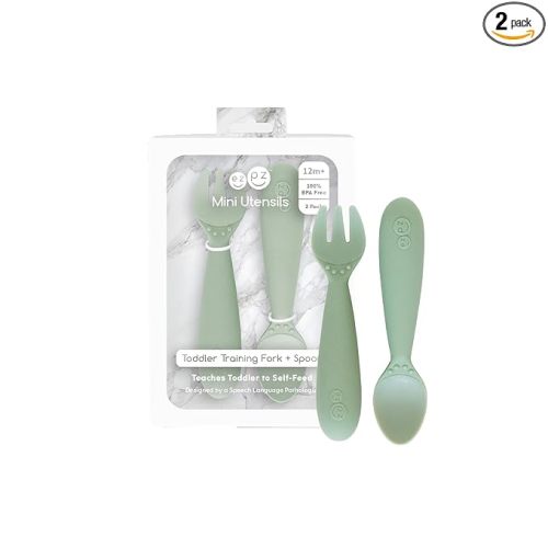 ezpz Mini Utensils - 12 Months+ (Fork & Spoon in Sage) - 100% BPA Free Fork and Spoon - Toddler Utensils - Designed by a Pediatric Feeding Specialist