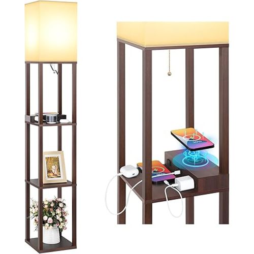Mlambert Modern Shelf Floor Lamp with Wireless Charger & Fast Charging USB Ports & Type C Port & 2 Power Outlets,3 Tier Storage Lamp for Bedroom,Brown