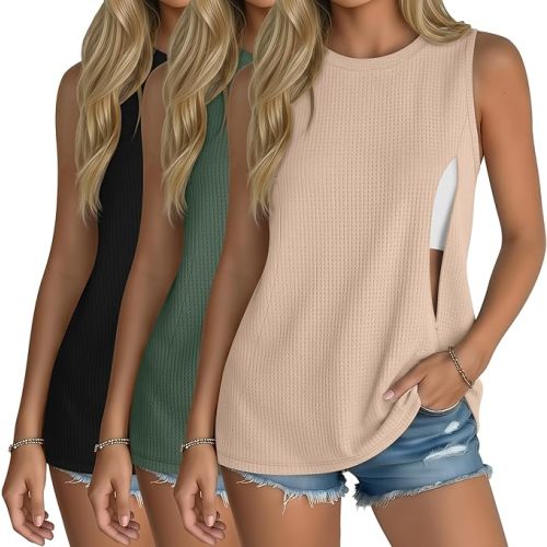 Xaatren 3 Pack Women's Nursing Tank Tops for Breastfeeding Hidden Zipper Waffle Sleeveless Shirts Loose Fit Maternity Tops