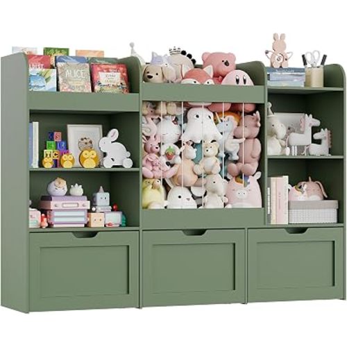 61" W Extra Large Kids Toy Storage Organizer with Bookshelf and Stuffed Animal Storage, 3 Large Movable Drawers, 4 Compartments & 3-Tier Shelves for Nursery, Bedroom, Green