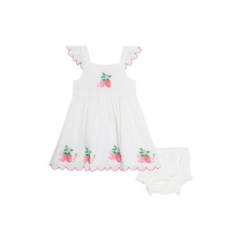 Floral Strawberry Embroidered Ruffle Accent Cotton Dress & Bloomers