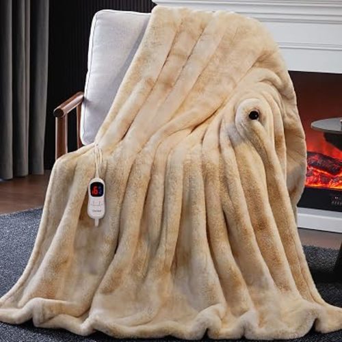 Guohaoi Heated Blanket, Soft Faux Rabbit Fur Electric Throw, 50"×60" | Electric Blanket with 10 Heating Levels 5 Sitting Timer Auto Off, Cozy Warm Heating Blankets, Machine Washable, Brown