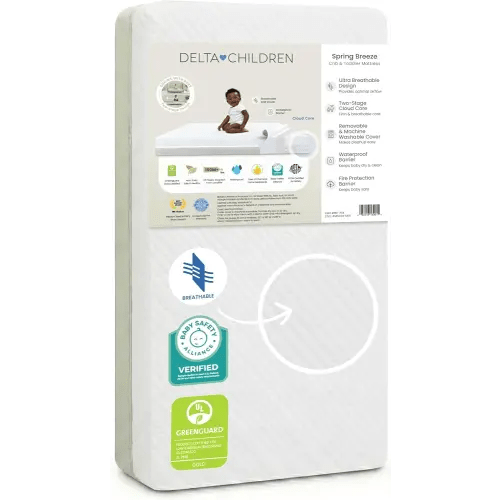 Delta Children Spring Breeze Mattress - Breathable Baby Crib & Toddler Mattress with Cloud Core - Machine Washable Cover - GREENGUARD Gold – Waterproof