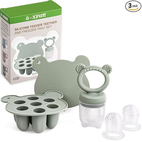 Silicone Baby Fruit Food Feeder & Mini Freezer Nibble Tray, Breastmilk Popsicle Molds for Baby Teething Relief, BPA Free Silicone Teething Toys Feeder for Safe Infant Self Feeding, Extra Food Pouches