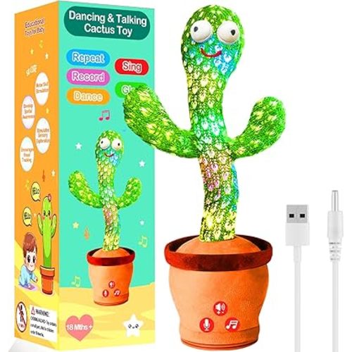 Rechargeable Dancing Talking Cactus Toy for Babies, Interactive Singing & Mimicking Cactus Baby Toy with Volume Control, Fun & Safe Baby Toy for 6-12 Months +, Stocking Stuffer for Toddlers