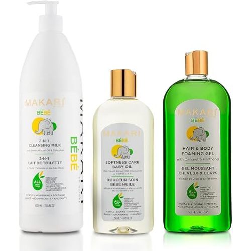 MAKARI Baby Care Set: Bebe Cleansing Milk (1000ml), Softness Care Baby Oil & Hair and Body Foaming Gel, Gentle, Nourishing, Hypoallergenic Skincare for Delicate, Sensitive Skin