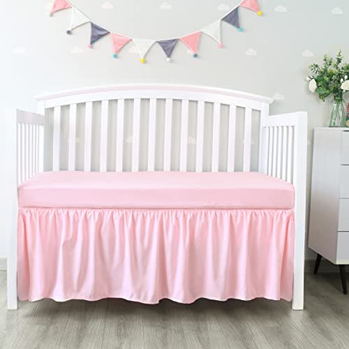 Crib Bed Skirt 14" Drop, Fits 28"x52" Crib, Adjustable, Pink | 4-Sided Design, Adjustable Elastic Straps, Soft Polyester, Fade & Shrink Resistant, Machine Washable, Fits Standard Cribs