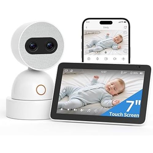 Simsky Split Screen Video Baby Monitor with 2 Cameras, Dual 4MP Cameras with 6X Zoom, 7" UHD Touch Screen Portable Audio Baby Monitor, App Remote Acces 32GB Local Storage
