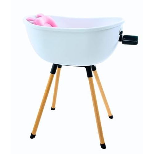 Luxury Baby Bathtub with Wooden Stand – 3-Stage Convertible, Ergonomic & Back-Saving Design (Pink Bundle)
