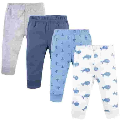 Hudson Baby Infant and Toddler Boy Cotton Pants 4pk, Blue Whales, 0-3 Months