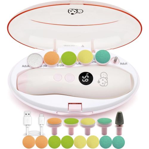 Rechargeable 22 in 1 Baby Nail Trimmer, Usage Labeled Case, 13 Extra Replacement Tools, Royal Angels Electric Nail File with LCD display, Newborn Toddler Nail Care Clipper Kit (Rechargeable,WhitePink)