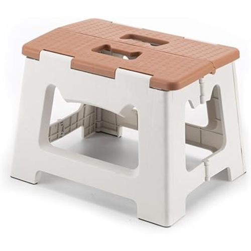 9'' Folding Step Stools for Kids and Adults, Hold Up to 300 lbs, Portable Foldable Step Stool for Toddlers, Plastic Small Collapsible Stepping Stools with Handle for Kitchen Bathroom (Khaki)