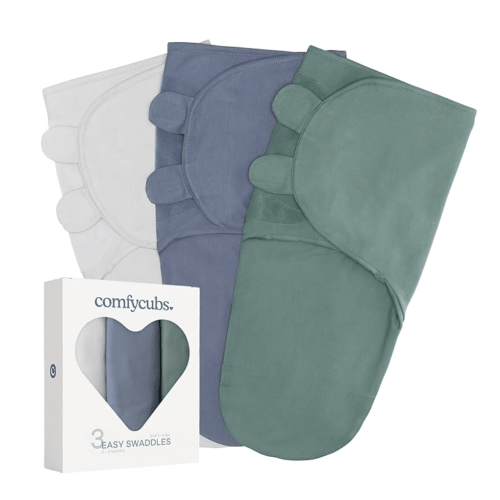 Comfy Cubs Easy Swaddle Blanket, 3 Pack - 100% Cotton Newborn Wrap, Small for 0-3 Months Infants, Breathable and Durable Sleep Sack for Babies - Stone, Nomadic Blue & Azul