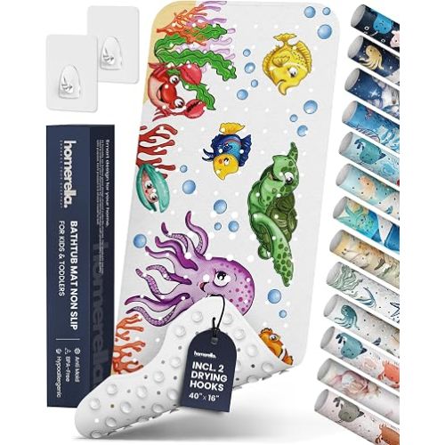 Bath Tub Mat Non Slip Anti Mold for Kids BPA Free INCL Hooks - homerella® Ocean Sea Animals 40x16, Baby Bath Mat Non Slip 200 Suction Cups, Non Toxic Machine Washable Toddler Bath Mat, EU Certified