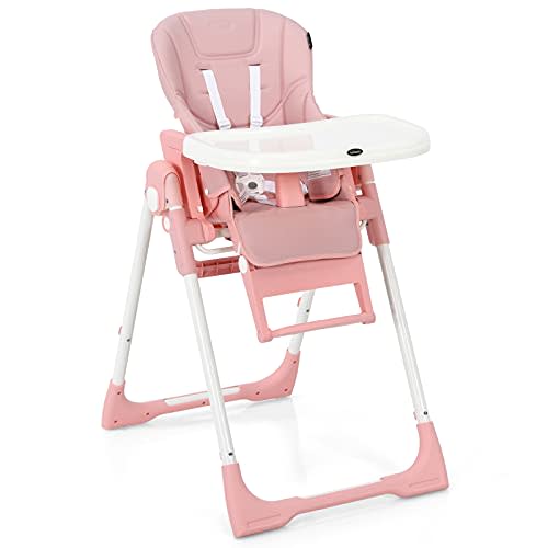 INFANS 4 in 1 High Chair–Booster Seat, Convertible Highchair w/Adjustable Height and Recline,Removable Tray,DetachableCushion, Installation-Free,Simple Fold for Baby, Infant& Toddler (Pink)