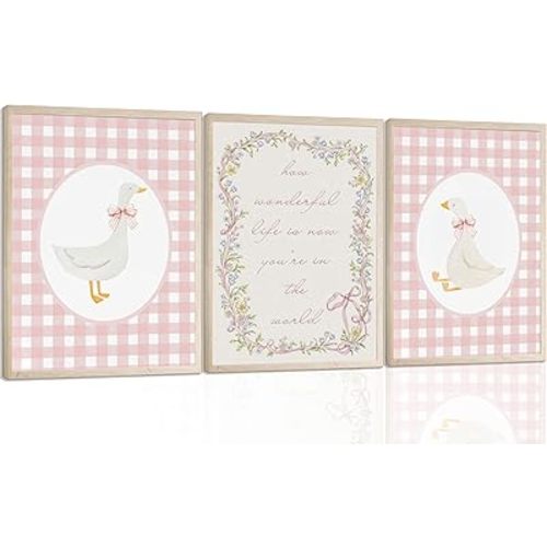 zxcvbn888 3PCS Goose Nursery Wall Art Girl Bow Coquette Canvas Print Vintage Duck Pink Gingham Posters Poem Lullaby Nursery Wall Decor for Baby Girl Room Bedroom Living Room Unframed