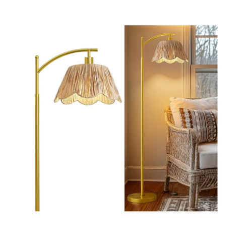 Oneach Arc Floor Lamp for Living Room,Rattan Boho Floor Lamp with Hand-Woven Shade, Foot Switch,Gold Metal Base & Pole,Farmhouse Standing Lamp for Bedroom Corner,Reading
