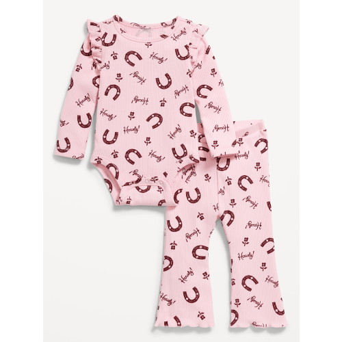 Printed Ribbed Ruffle-Trim Bodysuit and Pants Set for Baby