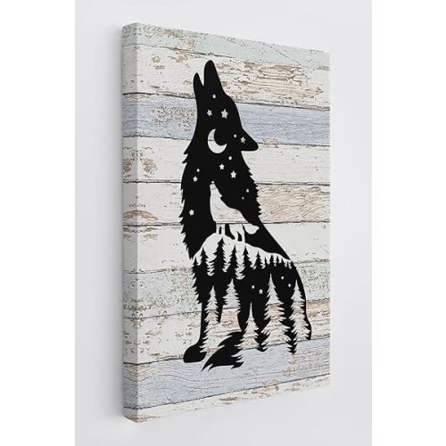 BXFAHZJ Vintage Wood Forest Wolf Wall Art Canvas Farmhouse Adventure Theme 11x14 Inch Prints Decor For Home Bedroom Campsite RV, Gift For Camper Adventure Lovers
