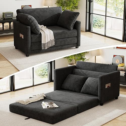 51" Loveseat Sleeper Sofa Bed, Chenille Convertible Floor Sofa Bed for Small Spaces, Folding Couch Bed with Deep Seat, 2 Pillows & Solid Frame, Pull Out Floor Couch for Living Room, Black
