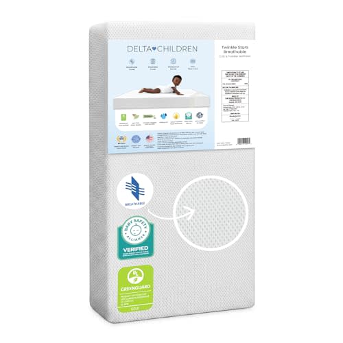 Delta Children Twinkle Stars Crib and Toddler Mattress with Breathable, Removable Machine-Washable Cover - GREENGUARD Gold - Waterproof Baby Bed - Sustainably Sourced Fiber Core - 52”Lx27.5”W, White