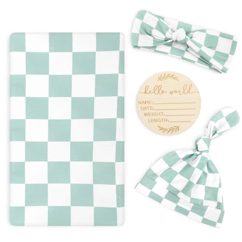 TANOFAR 4-Pack Newborn Swaddle Blanket for Baby Girls & Boys, Ultra Soft Receiving Blankets with Matching Headband and Beanie Set Baby Nursery Swaddle Wrap, Green Checkerboard