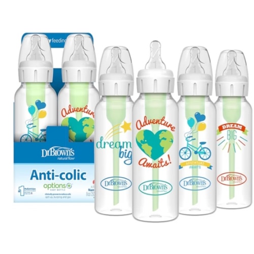 Dr. Brown's Natural Flow Anti-Colic Options+ Narrow Baby Bottle, Dream Adventure, 8 oz/250 mL, with Level 1 Slow Flow Nipples, 0m+, 4 Pack