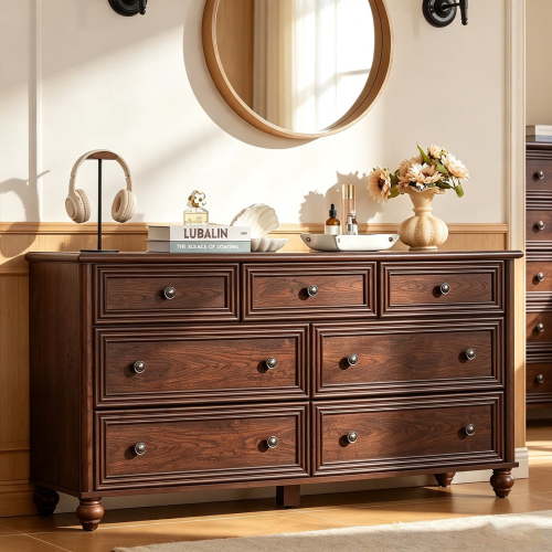 Leyaoyao 7 Drawer Dresser for Bedroom, 54" Farmhouse Chest of Drawers with Gourd Legs, Modern Storage Wide TV Stand for Living Room, Walnut