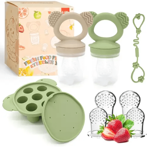 Baby Breastmilk Popsicle & Silicone Baby Fruit Feeders for 6 Months+ Teething, Infant Solid Food Safe Self Feeding, BPA Free Teether Set for Soothe Teething, Christmas Idea Gift (Green+ Caramel)
