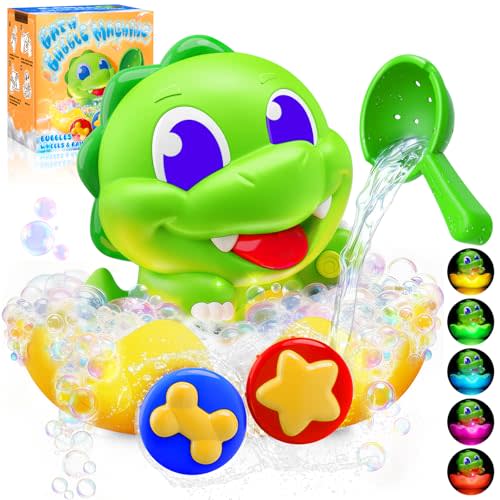 Dinosaur Baby Bath Toys for 1 2 3 Year Old Boys, Dino Bath Bubble Machine with Rainbow Lights & Water Scoop,Fun Toddler Toys Baby Shower Bathtub Toys Birthday Easter Gifts for Kids Age 1-3 Year Old