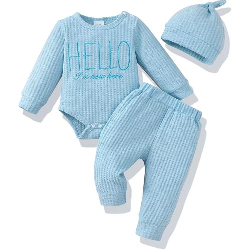 Renotemy Newborn Baby Boy Fall Clothes, Long Sleeve Letter Printed Rompers Plaid Pants Hat Outfits Clothing Set 0-18 Months
