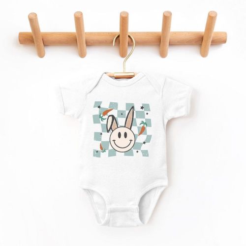 The Juniper Shop Checkered Smiley Easter Bunny Baby Bodysuit, Color: White, Size: newborn