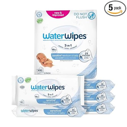 WaterWipes Sensitive+ Newborn & Baby Wipes, 3-In-1 Cleans, Cares, Protects, 99.9% Water, Unscented & Hypoallergenic, 300 Count (5 Packs)