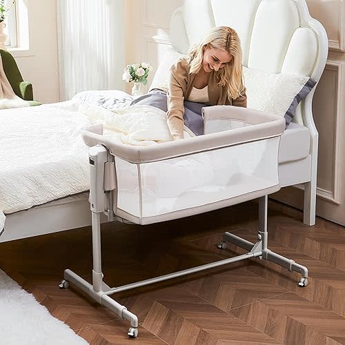 Baby Bassinet Bedside Sleeper, 3-in-1 Rocking Bassinet with Wheels, 6-Height Adjustable Crib with Breathable Mesh, Soft Mattress for Newborns & Infants