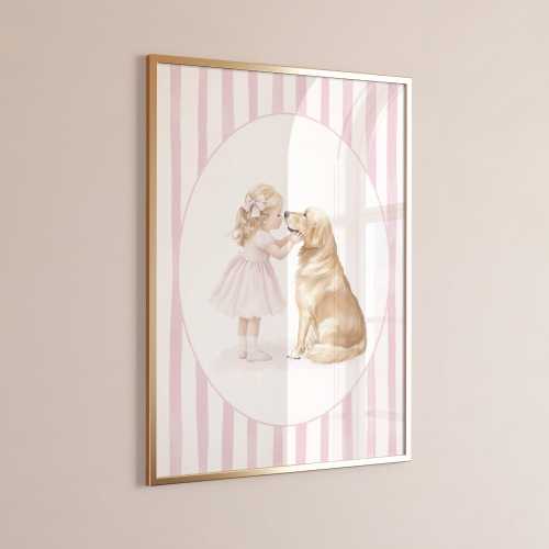 Girl and Golden Retriever Nursery Wall Art, Blush Pink Stripes, Watercolor Dog Print, Baby Girl Room Decor, Instant Download