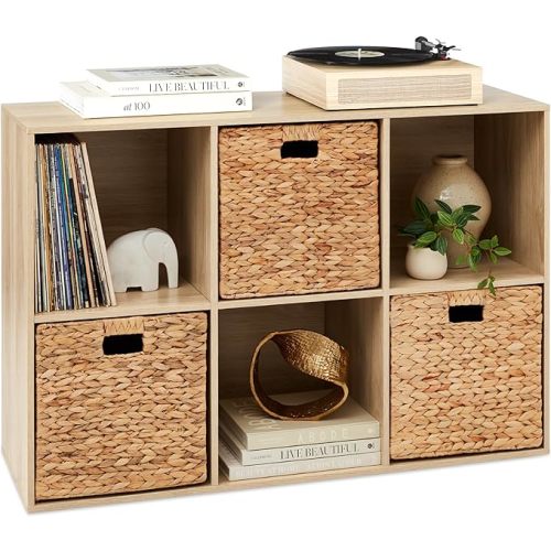6-Cube Storage Organizer, 13.5in Shelf Opening, Bookcase, Display Shelf, Customizable w/ 3 Removable Back Panels – Light Oak