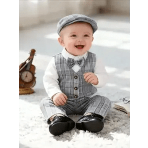 Boys' Spring Autumn British Gentleman Suit Set, Shirt + Plaid Vest + Matching Pants + Bow Tie Hat, Baby Birthday Party - TikTok Shop