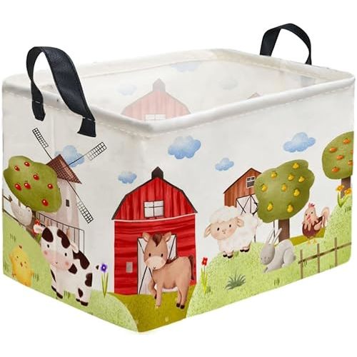 Rectangular Kids Baskets,Farm Baskets for Kids .Waterproof PE Coating Cute Basket with Handles.Boys Bins,Gifts Box,Books Basket. (Farm)