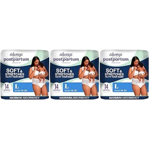 Always Discreet Postpartum and Adult Incontinence Underwear for Women, Large, Maximum Protection, 14 Count (Pack of 3)