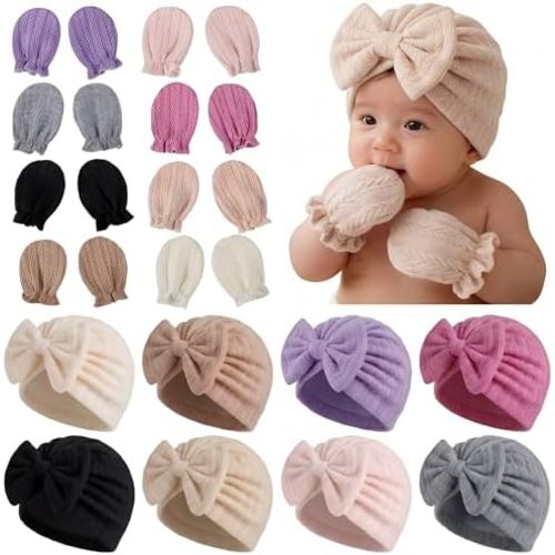 8 Sets Newborn Baby Hats and Mittens Cotton Preemie Hospital Cap with Bow & No Scratch Gloves for Girls Boys 0-3 Months