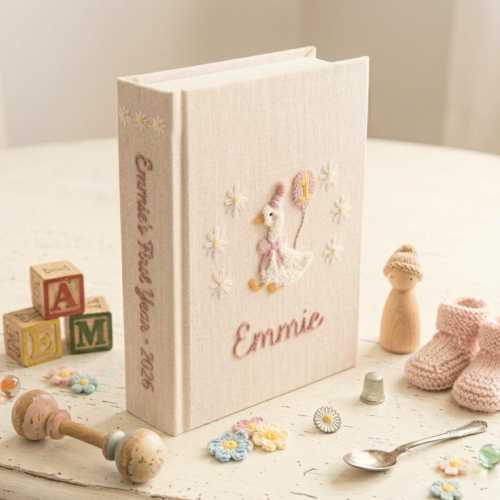 Custom One Silly Goose Baby Photo Album, Hand Embroidered Goose Baby Shower Gift, One Silly Goose Birthday, Custom Name-Age Baby Album