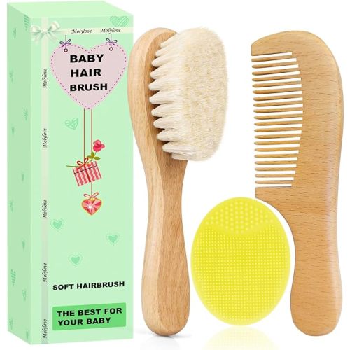 Baby Hair Brush with Wooden Handle and Comb Set for Newborns & Toddlers | Natural Soft Goat Bristles l Wood comb l Yellow Silicone Brush| Ideal for Cradle Cap (3PCS)