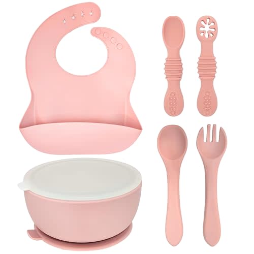 6 Piece Silicone Suction Baby/Toddler Bowl Set with 2 Bowls, 2 Spoons, 2 Forks, Safe Food Grade Silicone, Soft on Gums, Stylish Colors (4, Rose Quartz/Sky), Small, SB06RS