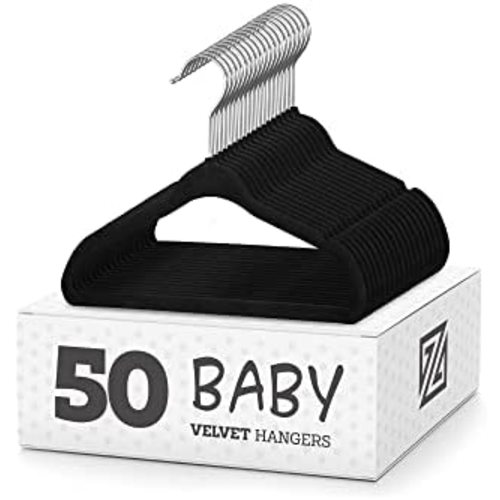 ZOBER Premium Kids Velvet Hangers (11” Inch - 50 Pack) Non Slip Baby Hangers, Ultra Slim Space Saving Childrens Hangers - 360° Swivel Hook, Strong & Durable Infant/Toddler Hangers (Small - Black)